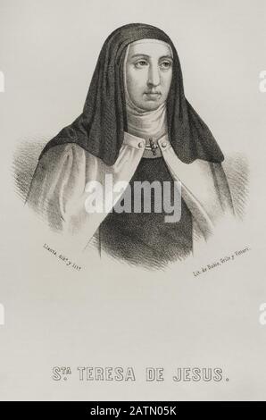Santa Teresa de Jesús (1515-1582). Reformadora religiosa de la orden carmelitana. Dibujo por Llanta. Litografía. Crónica General de España, Historia Ilustrada y Descriptiva de sus Provincias. Castilla-La Vieja, 1870. Histórico Cataluña Militar de Barcelona, España,  . Stockfoto