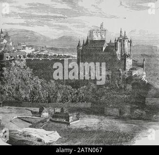 España, Segovia. Vista General del Alcázar de Segovia, tomada desde la Fuencisla. Grabado. Crónica General de España, Historia Ilustrada y Descriptiva de sus Provincias. Castilla-La Vieja, 1870. Histórico Cataluña Militar de Barcelona, España,  . Stockfoto