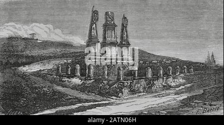 España. Burgos. "El Solar del Cid". Monumento construido en 17830, obra del artista José Cortés, que señala el lugar donde existe la creencia de que El Cid tuvo una Casa. Consistence en un embaldosado con podest y tres monolitos con los escudos de Burgos, San Pedro de Cardeña y una inscripción leyenda de Rodrigo Díaz de Vivar, llamado El Cid Campeador (1048-1099). Dibujo por E. Barrio. Grabado por Sierra. Crónica General de España, Historia Ilustrada y Descriptiva de sus Provincias. Castilla-La Vieja, 1870. Histórico Cataluña Militar de Barcelona, España,  . Stockfoto