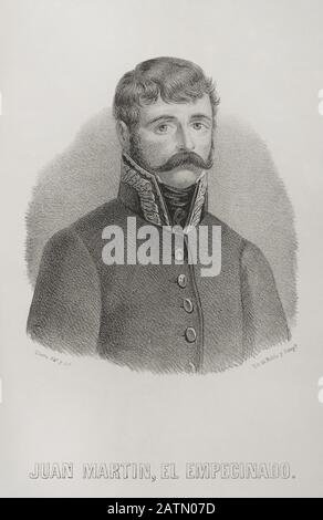 Juan Martín Díez, llamado "El Empecinado" (1775-1825). Militar español, héroe de la Guerra de la Independencia Española. Dibujo por Llanta. Litografía. Crónica General de España, Historia Ilustrada y Descriptiva de sus Provincias. Castilla-La Vieja, 1870. Histórico Cataluña Militar de Barcelona, España,  . Stockfoto