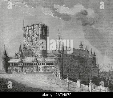 España, Segovia. Alcázar de Segovia. Vista Exterieur. Grabado. Crónica General de España, Historia Ilustrada y Descriptiva de sus Provincias. Castilla-La Vieja, 1870. Histórico Cataluña Militar de Barcelona, España,  . Stockfoto