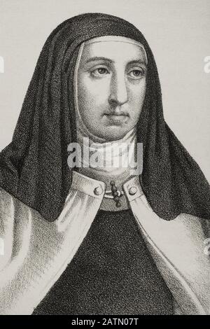 Santa Teresa de Jesús (1515-1582). Reformadora religiosa de la orden carmelitana. Dibujo por Llanta. Detalle. Litografía. Crónica General de España, Historia Ilustrada y Descriptiva de sus Provincias. Castilla-La Vieja, 1870. Histórico Cataluña Militar de Barcelona, España,  . Stockfoto