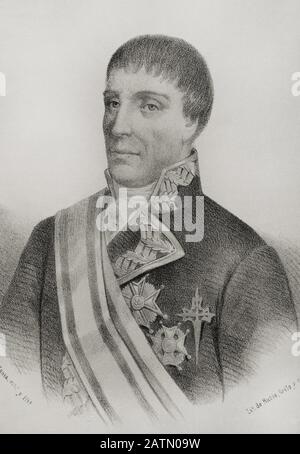 José de Bustamante y Guerra (1759-1825). Teniente General de la Armada española. Gobernador de Montevidea (177-1804) y capitán General de Guatemala (1811-187). Dibujo por Llanta. Detalle. Litografía. Crónica General de España, Historia Ilustrada y Descriptiva de sus Provincias. Castilla-La Vieja, 1870. Histórico Cataluña Militar de Barcelona, España,  . Stockfoto