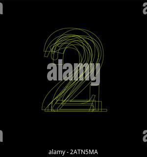 Vektorzeichen linear fluoreszierend Zahl 2, grünes Licht auf schwarzem Hintergrund Stock Vektor