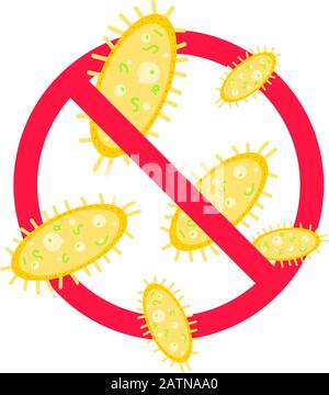 Stoppen Sie Viren und schlechte Bakterien oder Keimen prohobition unterzeichnen. Big Viren oder Edelsteine in die rote STOP-Verteidigung Kreis Flat Style Design Vector Illustration iso Stock Vektor