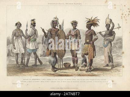 Viktorianische Illustration afrikanischer Moden, Einheimische aus Senegambia, Peul Frau aus Kouar, Peul im Kriegskostüm, Zulu im Visiting Dress, Zulu Tanzmädchen, Junge Zulu im Ehebängelkostüm, Bechuana Woman. 1870er Jahre Stockfoto