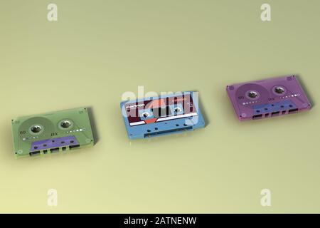 3D Rendering Alte Audioband Kompaktkassette isoliert auf gelbem Hintergrund Retro Kassettenkassette Sammlung Draufsicht Kopierraum Stockfoto