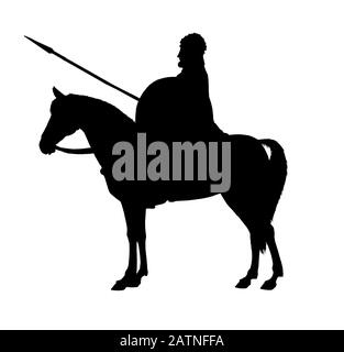 Der alte, byzantinische Reiter. Uralter Krieger zu Pferd. Silhouettendarstellung. Stockfoto