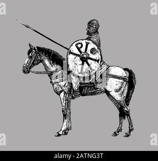 Der alte, byzantinische Reiter. Uralter Krieger zu Pferd. Chi Rho auf dem Schild des Ritters. Schwarz-weiße Abbildung. Stockfoto