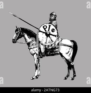 Der alte, byzantinische Reiter. Uralter Krieger zu Pferd. Chi Rho auf dem Schild des Ritters. Schwarz-weiße Abbildung. Stockfoto