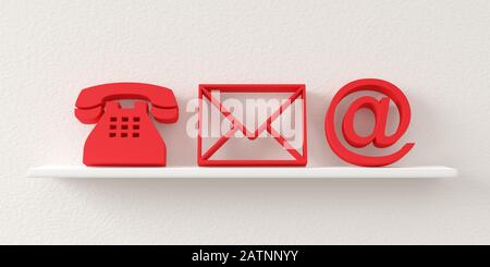 Rote Telefon-, Briefumschlag- und E-Mail-Symbole lehnen sich an den Wandhintergrund auf weißem Regal, kontaktieren Sie uns Symbole oder Banner, 3D-Abbildung