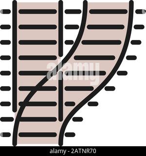 Geschwungene Eisenbahnen, Eisenbahnschienen, Bahnstraßen, Symbol für flache Linien. Stock Vektor