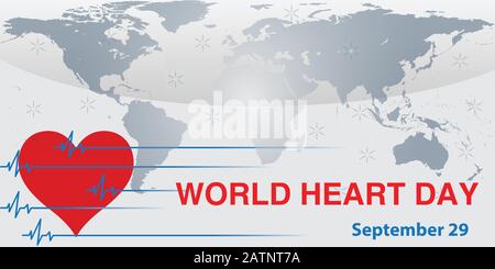 World Heart Day mit rotem, blauem, dunkelgrauem Herz und Weltunterzeichnung im Vektordesign Stock Vektor