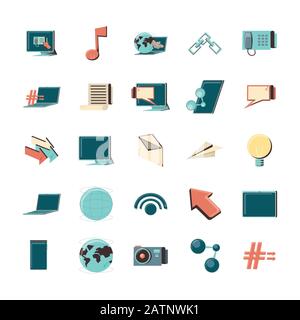 Icon Set Design, digitale Technologie Kommunikation soziale Medien Internet web- und Gerät Thema Vector Illustration Stock Vektor