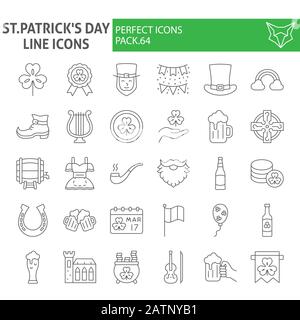 St. Patrick's Day Thin Line Icon Set, Holiday Symbols Collection, Vektorskizzen, Logo-Illustrationen, Saint patrick Icons, Business Signs linear Stock Vektor