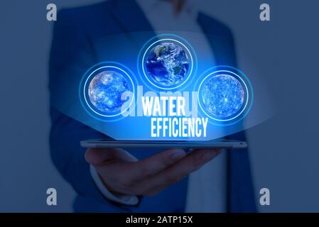 Textschild mit Wassereffizienz. Business Photo Text reduziert den Wasserverlust, indem die Wassermenge gemessen wird, die von Den Elementen dieses Bildes benötigt wird Stockfoto