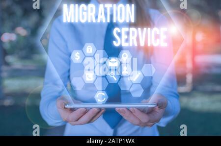 Wort schreiben Text Migration Service. Business Foto präsentieren sich von Unternehmensdaten in einer Cloud Service Provider Stockfoto