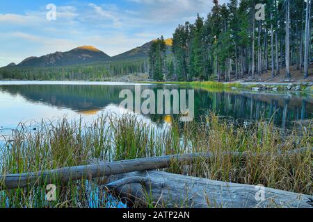 Sonnenuntergang, Sprague See, Sprague Lake Trail, Rocky Mountain National Park, Estes, Colorado, USA Stockfoto