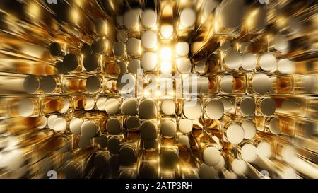Abstraktes 3D-Rendering der Oberfläche goldener, quadratischer Zylinderblöcke. Futuristischer Hintergrund mit extrudierten Zylindern. Hohe Auflösung: 8 k Stockfoto