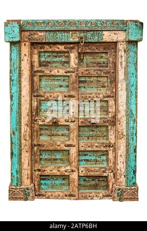 Auf weißem Hintergrund isoliert, aus asiatischem Holz gefertigte Ziertüre aus dem Mittelalter Stockfoto