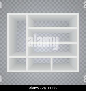 Vector Leere Holzeinlegeböden Isoliert auf Wandhintergrund. Regal für Bücher. Bücherregalbibliothek. Bildung. Schule. Vektorgrafiken. Stock Vektor