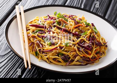 Asiatische Eiernudeln mit Rotkohl, Karotten, Kräutern und Sesamsamen liegen in einem Teller auf dem Tisch. Horizontal Stockfoto