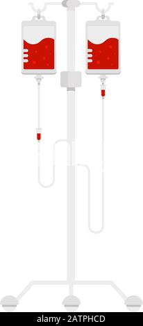Der Bluttransfusionsbehälter ist auf einem Metallgestell montiert. Medizinische Geräte zur Lebensrettung von Personen, Vektorgrafiken. Konzept des Blutspendetags Stock Vektor