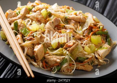 Serviert philippinische Reisnudel-Bihon mit Gemüse und Fleisch in einem Teller auf dem Tisch. Horizontal Stockfoto