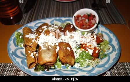 Huhn Enchiladas Tortillas mit Salat & Salsa im Zocalo Mexican Restaurant im Azul Beach Resort Hotel, Puerto Morelos, Riviera Maya, Cancun Stockfoto