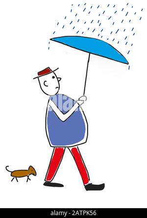 Naive Illustration, Kinderzeichnung, Mann mit Hund und Regenschirm, der durch den Regen geht, Deutschland Stockfoto