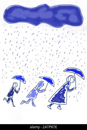 Naive Illustration, Kinderzeichnung, Menschen mit Regenschirmen, die durch den Regen laufen, Deutschland Stockfoto