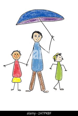 Naive Illustration, Kinderzeichnung, Familie steht unter einem Regenschirm, Deutschland Stockfoto