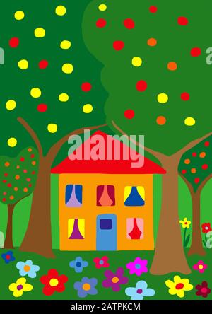 Naive Illustration, Kinderzeichnung, Haus mit Gartenblumen und