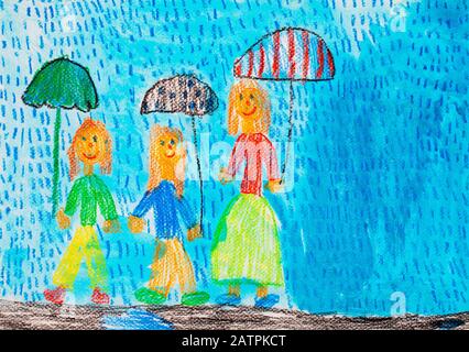 Naive Illustration, Kinderzeichnung, Kinder mit Regenschirm im Regen, Deutschland Stockfoto