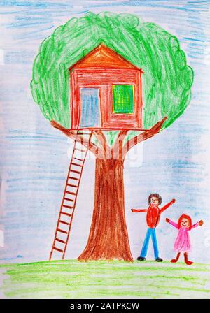 Naive Illustration, Kinderzeichnung, Haus mit Gartenblumen und