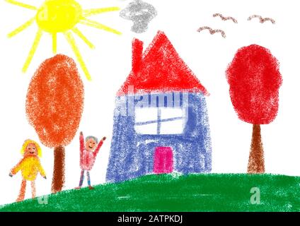 Naive Illustration, Kinderzeichnung, glückliche Familie mit, Garten, Sonnenschein und Haus, Deutschland Stockfoto