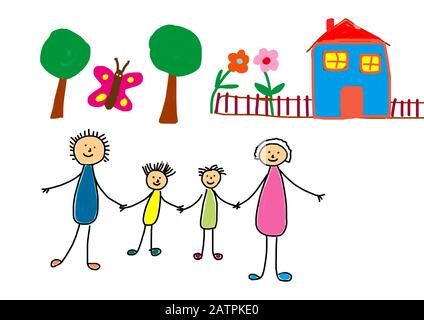 Naive Illustration, Kinderzeichnung, glückliche Familie mit, Garten, Sonnenschein und Haus, Deutschland Stockfoto