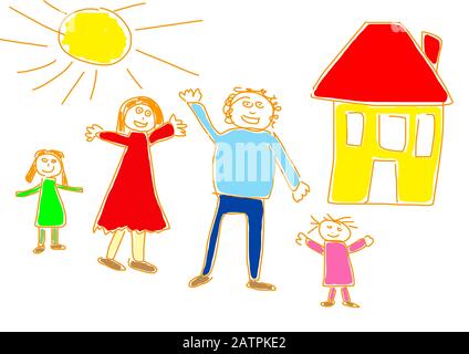 Naive Illustration, Kinderzeichnung, glückliche Familie mit, Garten, Sonnenschein und Haus, Deutschland Stockfoto