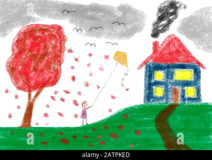 Naive Illustration, Kinderzeichnung, Herbst, Kite fliegendes Kind, Deutschland Stockfoto