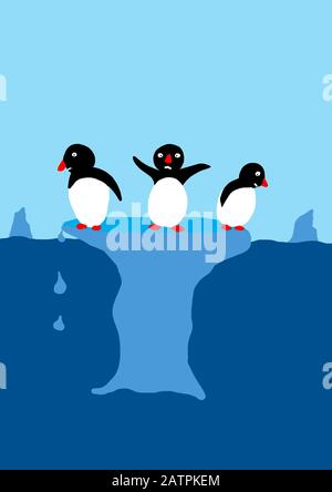 Naive Illustration, Kinderzeichnung, Pinguine, die auf einem Eisberg stehen, Deutschland Stockfoto