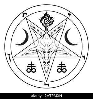 Das Pentagramm, das Zeichen Luzifers. Der Kopf einer gemordeten Ziege in einem Pentagramm. Sigil von Baphomet Stock Vektor
