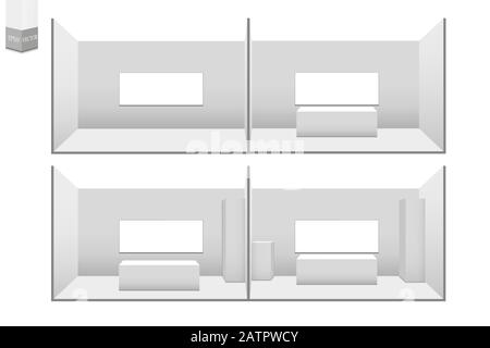 Set mit 3D-Messeständen. Weißer leerer Werbeständer mit Schreibtisch. Vektor weiß leeres geometrisches Quadrat. Präsentation des Konferenzraums. Leer Stock Vektor