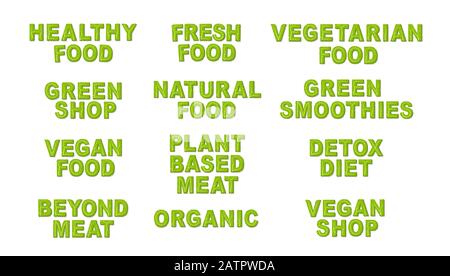 Vector Set aus Etiketten und Abzeichen für grüne und organische Produkte - Sammlung verschiedener Symbole und Abbildungen, die sich auf frische und gesunde Lebensmittel beziehen. Isolat Stock Vektor