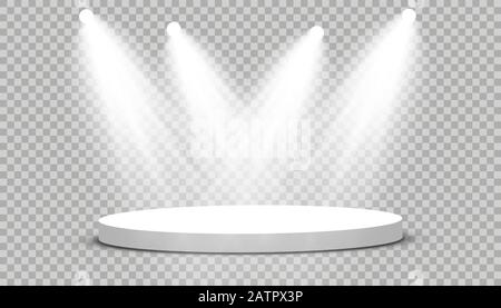 Rundes Podium, Podest oder Plattform, beleuchtet von Scheinwerfern auf transparentem Hintergrund. Plattform für Design. Realistisches 3D-Podium leer. Etappe mit Stock Vektor