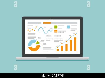 Laptop-Bildschirm mit Datenanalyse-Diagrammen und Diagrammen. Darstellung von Geschäftsvektoren Stock Vektor