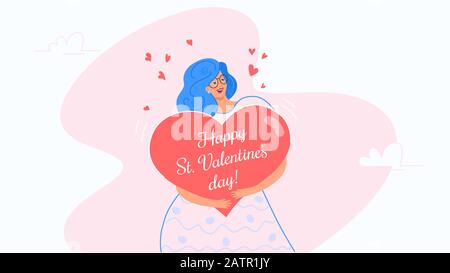 Schöne lächelnde Frau umarmte Herzsymbol als Grußkarte Valentines. Flache Vektorgrafiken von Menschen, die sich verliebt haben und den Heiligen Va feiern Stock Vektor