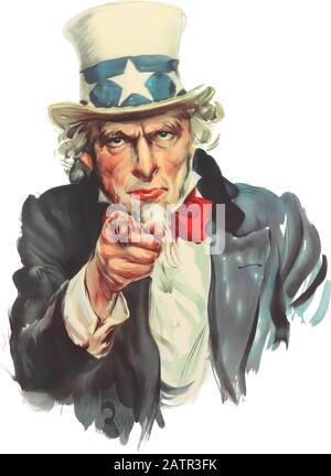 Vereinigte Staaten von Amerika Onkel Sam Maskottchen klassische Kriegsarmee Rekrutierung Poster und Messaging Militär, Amerikaner, Erbe Geschichte sauber und restauriert Stockfoto