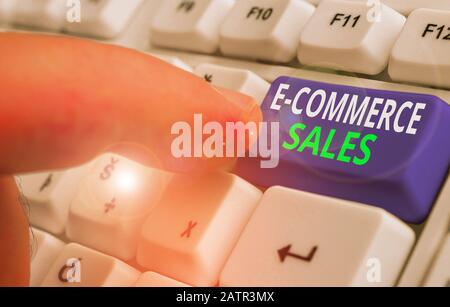 Hinweis zum E Commerce Sales. Geschäftskonzept für den Kauf oder Verkauf von Produkten im Online-Service Stockfoto