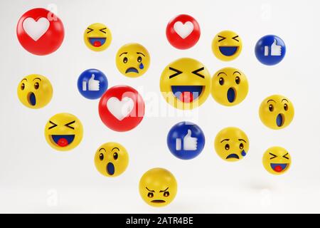 Set aus Emojis, fröhliches Smiley-Design für Mobiltelefone. 3D-Emotionskonzept. 3D-Rendering Stockfoto