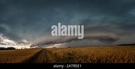 Wunderschönes überzellenes Gewitter, dunkle Wolken über dem Feld Stockfoto